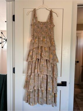 Boutique Tiered Floral Maxi Dress in Taupe with Florals